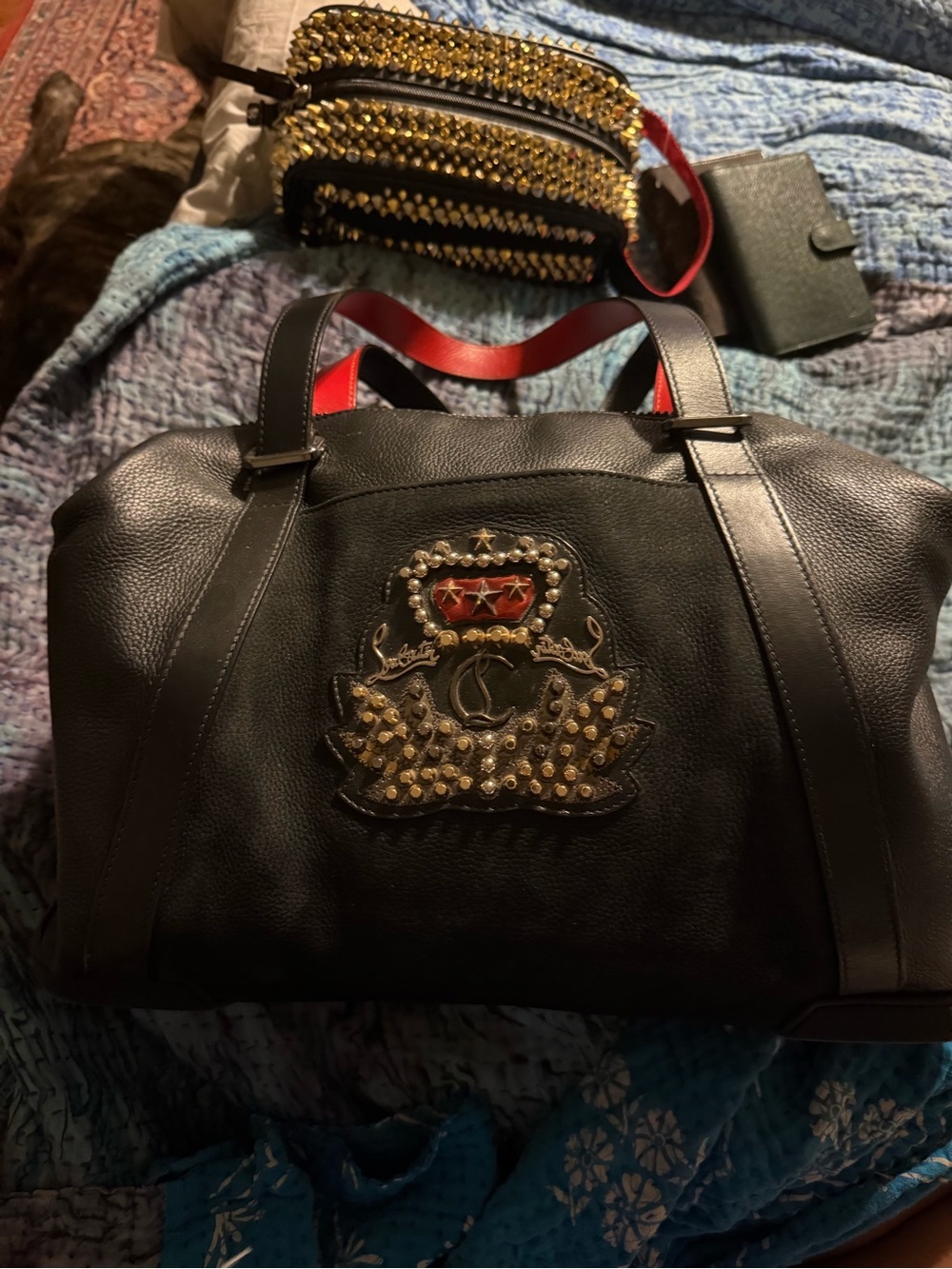 Christian Louboutin Black Leather Stud Crest Tote with Red Interior Trim